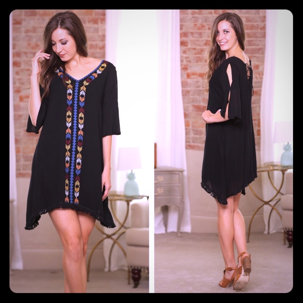 Black Embroidered Fringe Dress